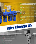 Three Eighth Inch NPT Compressed Air Filter Regulator Lubricator Combo With Dryer And Oil Water Separator shown with features list.