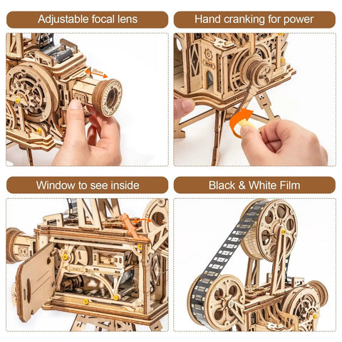 3D Wooden Puzzle Kit For Adults, 183 Piece Mechanical Model Build, Vintage Movie Projector Craft, Hand Crank Power, No Battery Required, Realistic Animations In Darkness, Sweet Gift For Adults 14 Plus, adjustable lens and film reel