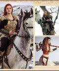 Dope 3 Piece Renaissance Accessories Set Featuring Legit Vintage Viking Belt And Premium Crafted Leather Bracers For Badass Medieval Cosplay Festival Flex worn by women in nature.