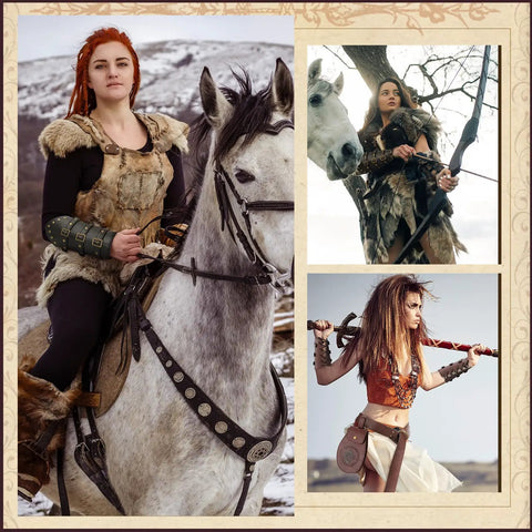 Dope 3 Piece Renaissance Accessories Set Featuring Legit Vintage Viking Belt And Premium Crafted Leather Bracers For Badass Medieval Cosplay Festival Flex worn by women in nature.