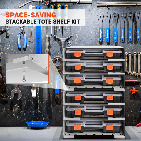 Stackable Hardware Tote Shelf Kit for Van Shelving Includes Three Plastic Organizer Totes and Holder for Small Parts