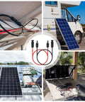 Heavy Duty 3 Feet 10 AWG Solar Panel Extension Cable With Waterproof IP67 Connectors Red And Black Pair For Outdoor Use Built Tough For Real World Outdoor Setups Weatherproof Solar Panel Adapter Cable With Male And Female Ends in use with solar panels on a camper van and rooftop.