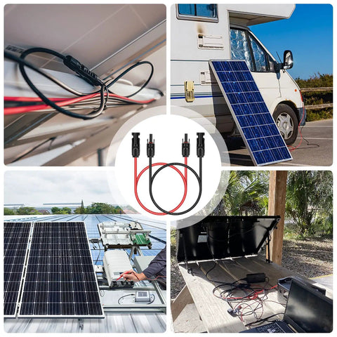 Heavy Duty 3 Feet 10 AWG Solar Panel Extension Cable With Waterproof IP67 Connectors Red And Black Pair For Outdoor Use Built Tough For Real World Outdoor Setups Weatherproof Solar Panel Adapter Cable With Male And Female Ends in use with solar panels on a camper van and rooftop.
