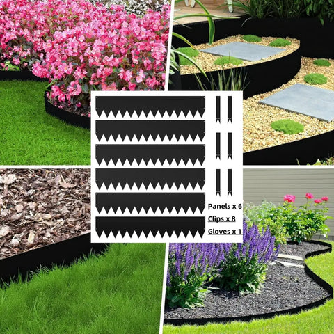 Weathering Steel Landscape Edging Kit Cor Ten 40 Inch By 8 Inch 6 Pack With Paint Finish Hammer In Strips Includes 8 Clips And Gloves Edge For Lawn And Garden Durable Rust Resistant Border 20 Ft Total shown in various garden settings with schematic of included components.