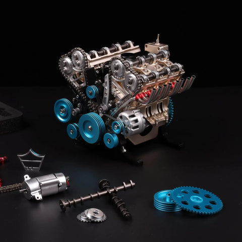 Hands On V8 Engine Model Kit That Actually Runs with 500 plus parts shown, featuring realistic eight cylinder, metal gears visible