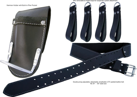 Pro Style Leather Tool Rig For Framers And Handymen With 2 Pouches And Hammer Holder Heavy Duty Multi Pocket Construction Belt