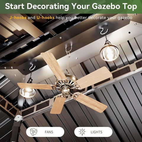 Gazebo interior with fan and lights installed, suitable for 10x12 Outdoor Gazebo With Double Galvanized Steel Roof, Rust Resistant Patio Pavilion.