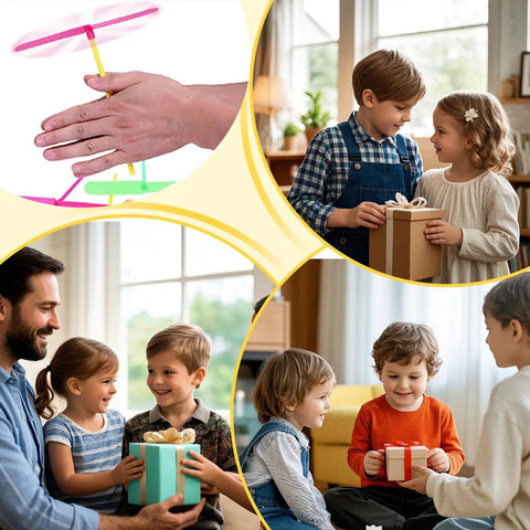 Hand Spinner Helicopter Toy for Outdoor Play And Party Favors Propeller in children's hands and kids exchanging gifts indoors.