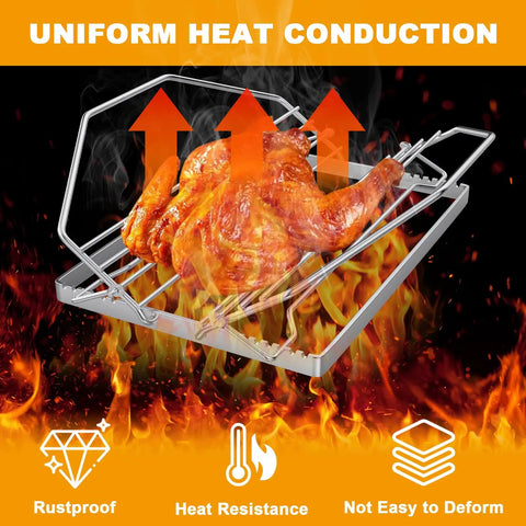 Adjustable Turkey Roasting Rack For Oven, Smoker, And Grill, V Shaped Chicken Roast Stand showing uniform heat conduction with fire.