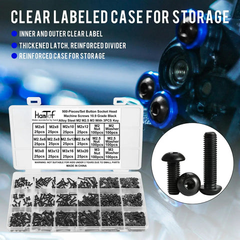 900 Piece Button Head Hex Socket Cap Screw Kit With Hex Keys M2 M2.5 M3 Allen Bolts Nuts Washers 10.9 Grade High Carbon Steel Black Oxide Fully Threaded Fastener For Tough Mech Jobs Home Repair Gonna Last Long Legit Hard Gear Upgrade For Pros; clear labeled storage case