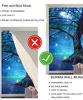Comparison of peel and stick mural vs. Bormia wall mural with enchanted forest fairy tree scene for kids rooms and living rooms.