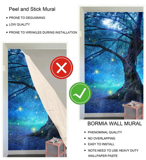 Comparison of peel and stick mural vs. Bormia wall mural with enchanted forest fairy tree scene for kids rooms and living rooms.
