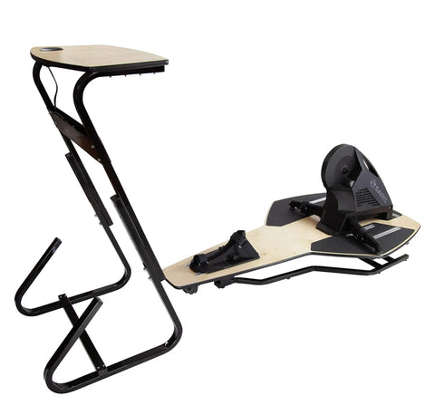 At Home Bike Trainer Desk With USB And AC Power Adjustable Height For Any Bike Easy Clean Laminated Birch Top
