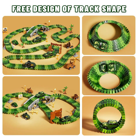 Epic Race Track Dino Adventure Kit With Flexible Tracks 2 Electric Cars And 4 Dino Cars DIY Train Set layout example