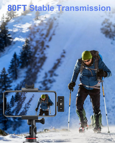 Skier filmed with Wireless Lavalier Microphone for iPhone with AI Noise Cancellation and 80ft stable transmission.