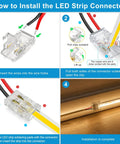 How to install Twenty Pack 8Mm Two Pin Solderless Led Strip To Wire Connectors Snap And Go Transparent Adapters.