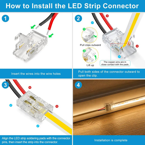 How to install Twenty Pack 8Mm Two Pin Solderless Led Strip To Wire Connectors Snap And Go Transparent Adapters.