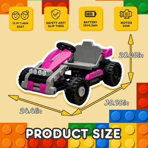 2 In 1 Ride On Truck And Go Kart For Kids, 12V Battery Powered Ride On Car with LED Lights, Pink Color, measurements shown