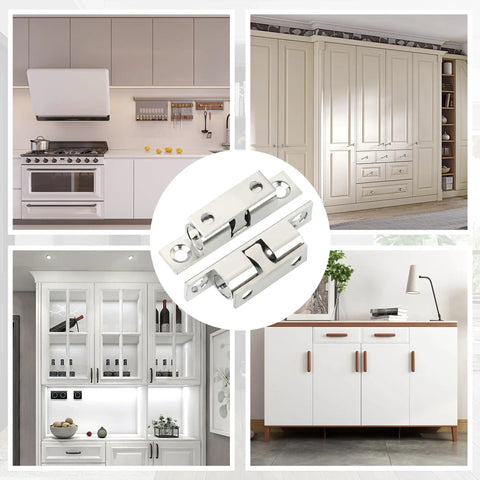 Eight Pack Stainless Steel Cabinet Latches Spring Latch Heavy Duty Silver For Kitchen And Bathroom on white cabinet doors