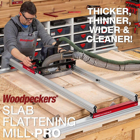 Man using Slab Flattening Mill Pro Basic For Wood Slabs Up To 48.5 By 58 Inches No Brainer USA Made Leveling Jig With Integrated Dust Collection