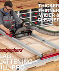 Heavy Duty Slab Flattening Mill Pro Extended With Hella Wide 48X134 Inch Capacity Dead Flat Router Sled Jig in use on wood slabs.