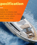 Top view of a yacht on water with specifications overlay, featuring 316 Stainless Steel Bow Anchor Roller for Boats Pivoting Marine Hardware with Polished Finish, Heavy Duty Boat Accessory Built to Handle Different Depths and Substrates, Durable Marine Grade Quality by Aspaton