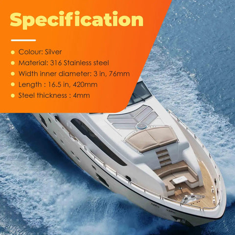 Top view of a yacht on water with specifications overlay, featuring 316 Stainless Steel Bow Anchor Roller for Boats Pivoting Marine Hardware with Polished Finish, Heavy Duty Boat Accessory Built to Handle Different Depths and Substrates, Durable Marine Grade Quality by Aspaton