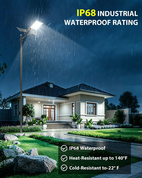 Heavy Duty Commercial Solar Street Light Featuring Badass 6500K Daylight LEDs illuminating a residential area during rain.