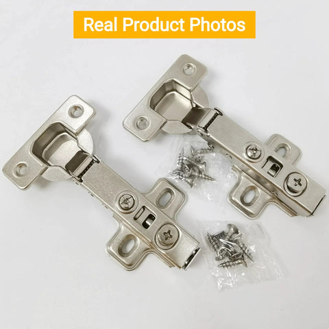 2 Pack Frameless Full Overlay Soft Close Cabinet Hinges With 35mm Cup Adjustable Clip On Plate Nickel Finish Hidden European Hinges For Cabinets Built To Last Precision Engineered For Quiet Durable Kitchen And Bathroom Cabinet Doors, showing hinges and screws