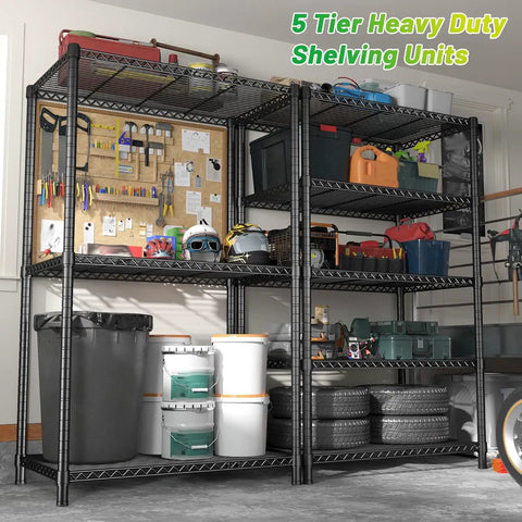 72 Inch Beefy Heavy Duty Metal Shelving Unit With 5 Tier Storage For Kitchen Pantry And Garage Maximum 1100 Lb Capacity Total 220 Lb Per Shelf Space Saving Wire Shelves Easy Assembly Durable Design in garage with tools and bins