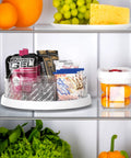 12 Inch Lazy Susan Turntable With Removable Bins And Dividers in refrigerator, holding condiments and snacks, white and clear plastic bins