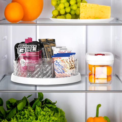12 Inch Lazy Susan Turntable With Removable Bins And Dividers in refrigerator, holding condiments and snacks, white and clear plastic bins