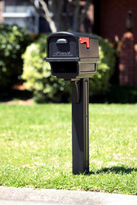 Top Shelf Heavy Duty Double Wall Plastic Mailbox And Post Kit With Dual Access Large Capacity Rust Proof Finish in yard.