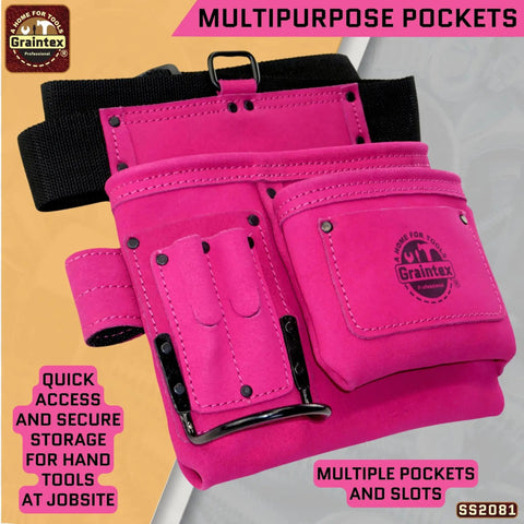 Pink Suede Leather 5 Pocket Tool Belt Bag For Women And Men, Multipurpose Construction And DIY Pouch with multipurpose pockets