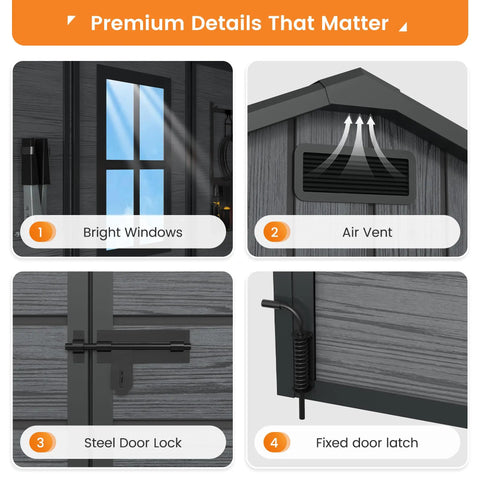 Close-up of Outdoor Resin Storage Shed 8x10 Feet With Floor Durable Sturdy Plastic Garden Tool Shed feature details.