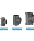 Three Quarter Inch Pipe Fitting Tee Pack Of 20 Gray Cast Malleable Iron Tee next to other sizes for DIY projects and decor.