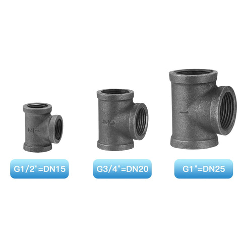 Three Quarter Inch Pipe Fitting Tee Pack Of 20 Gray Cast Malleable Iron Tee next to other sizes for DIY projects and decor.