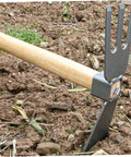 2 In 1 Digging Hoe And 3 Prong Fork All In One Garden Tool With Wooden Handle Carbon Steel Blade Head For Weeding And Soil Loosening