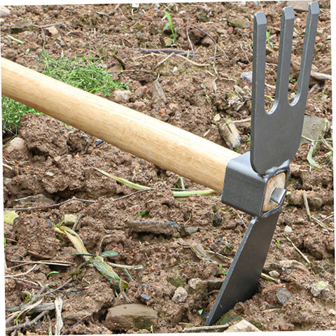 2 In 1 Digging Hoe And 3 Prong Fork All In One Garden Tool With Wooden Handle Carbon Steel Blade Head For Weeding And Soil Loosening