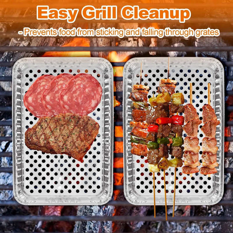 20 Pack Aluminum Foil Pans 16 By 12 Inch Large Disposable Bakeware with meat and skewers on grill