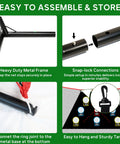 Assembly instructions for 10x7 Ft Golf Practice Net With Scoring Targets, showing metal frame, snap-lock connectors, and target details.