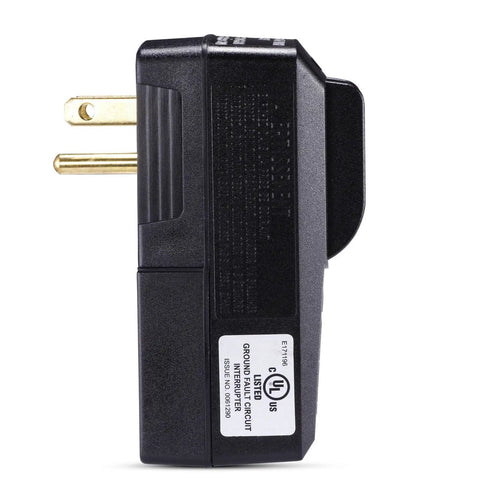 Side view of Three Prong GFI Waterproof GFCI Plug Replacement 15 Amp UL Listed For Pressure Washer Pool Pump Hair Dryer And Power Tools Quick 0.03 Second Safety Shutoff For Shock Prevention.