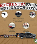 Flatbed Trailer With Gooseneck Hitch For Farm Toys And Toy Trucks, One To Twenty Scale Hauler, shown with truck and ramps.