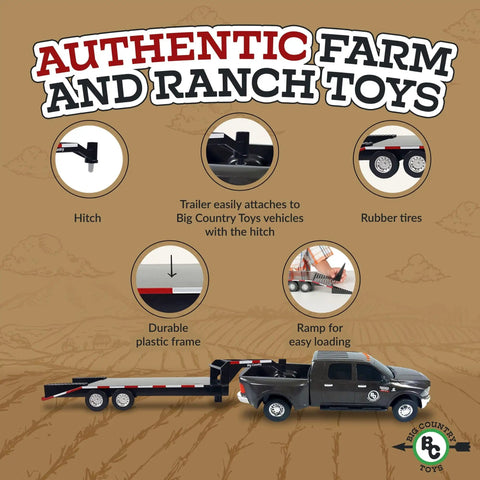 Flatbed Trailer With Gooseneck Hitch For Farm Toys And Toy Trucks, One To Twenty Scale Hauler, shown with truck and ramps.