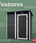 4x6 Resin Outdoor Storage Shed With 139 Cu Ft Of Space For Patio Furniture, black and white shed, features built-in ventilation, steel roof.