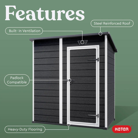 4x6 Resin Outdoor Storage Shed With 139 Cu Ft Of Space For Patio Furniture, black and white shed, features built-in ventilation, steel roof.
