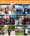 Portable Wearable Ad Backpack Packs 21.5 Inch Full HD LCD Screen With Built In Wifi Connectivity in various event settings.