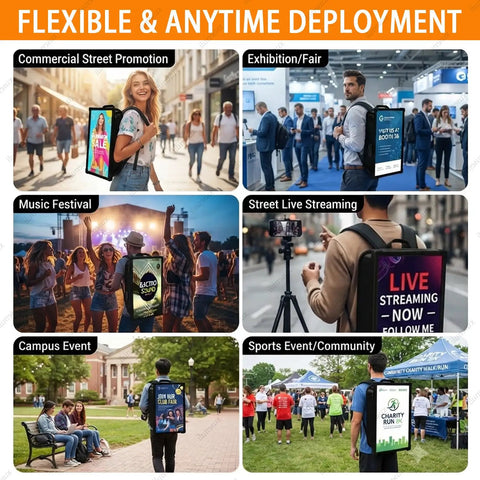 Portable Wearable Ad Backpack Packs 21.5 Inch Full HD LCD Screen With Built In Wifi Connectivity in various event settings.