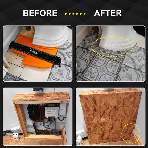 Connectable Contour Gauge Trio 5 Inch 10 Inch 15 Inch With Lock used for tile shaping around toilet, before and after comparison.
