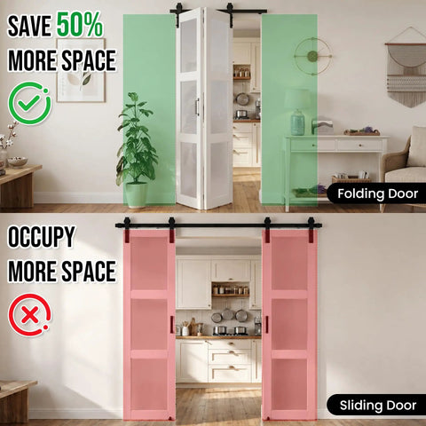 Slick Glide Double Bifold Barn Door With Complete Hardware Kit Eases Through Tight Squeezes As Interior Room Divider with green and pink comparisons